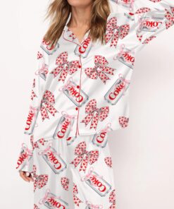 Diet Drinks Pink Bow Coquette Satin Pajama Set For Women