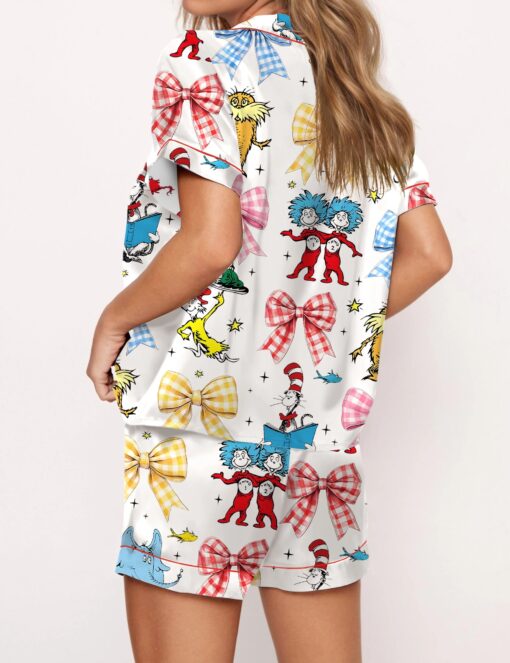 Coquette Cartoon Reading Satin Pajama Set For Women - Image 2