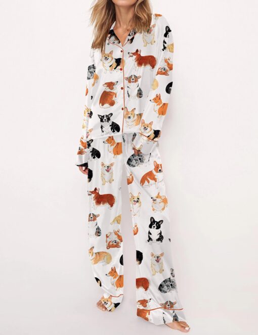 Corgi Print Satin Pajama Set For Women - Image 3