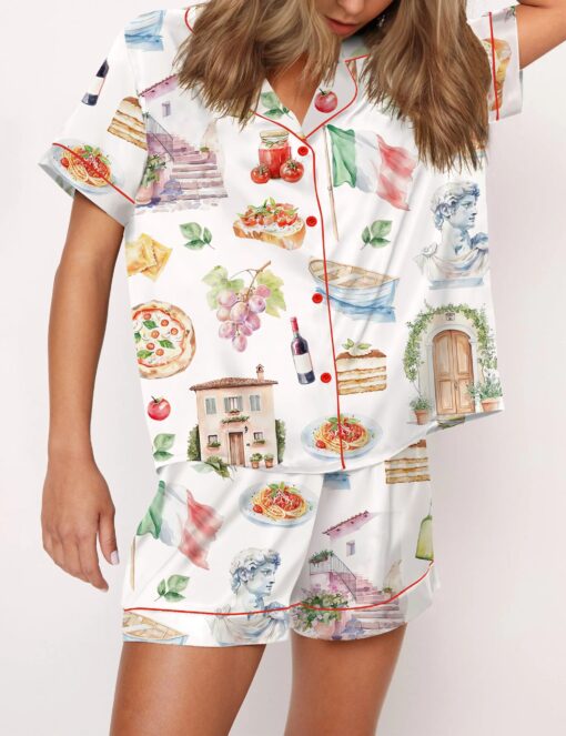 Italy Watercolour Travel Silky Satin Pajama Set For Women - Image 3
