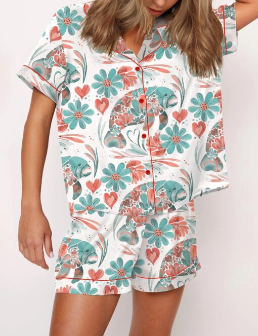 Boho Floral Manatee Silky Satin Pajama Set For Women - Image 2