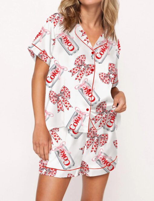 Diet Drinks Pink Bow Coquette Satin Pajama Set For Women - Image 5