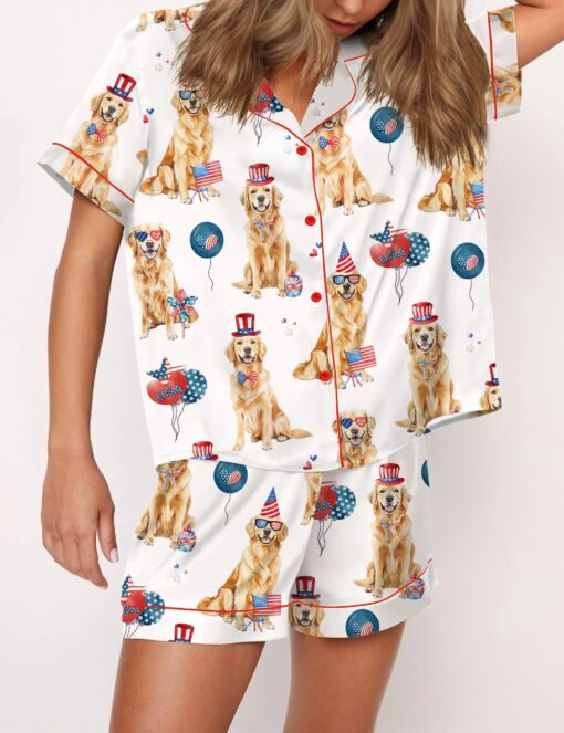 4th Of July Patriotic Golden Retriever Silky Satin Pajama Set For Women - Image 4