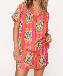 Tiger Print Silky Satin Pajama Set For Women