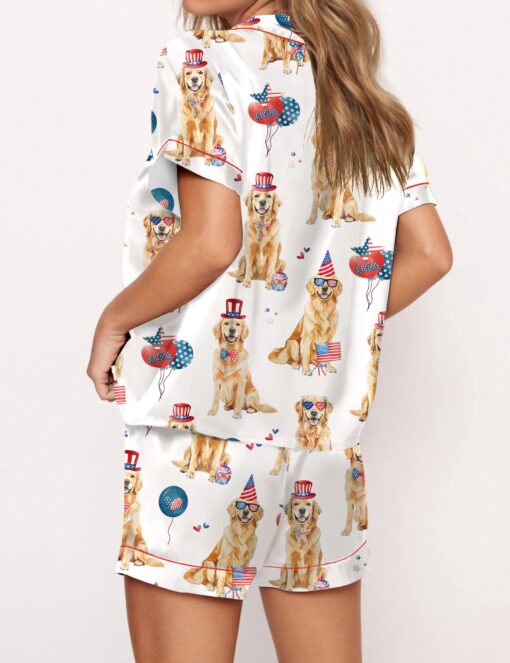 4th Of July Patriotic Golden Retriever Silky Satin Pajama Set For Women - Image 2