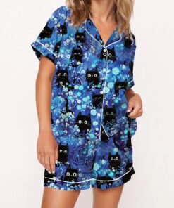 Black Cats Silky Satin Pajama Set For Women