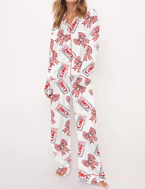 Diet Drinks Pink Bow Coquette Satin Pajama Set For Women - Image 2