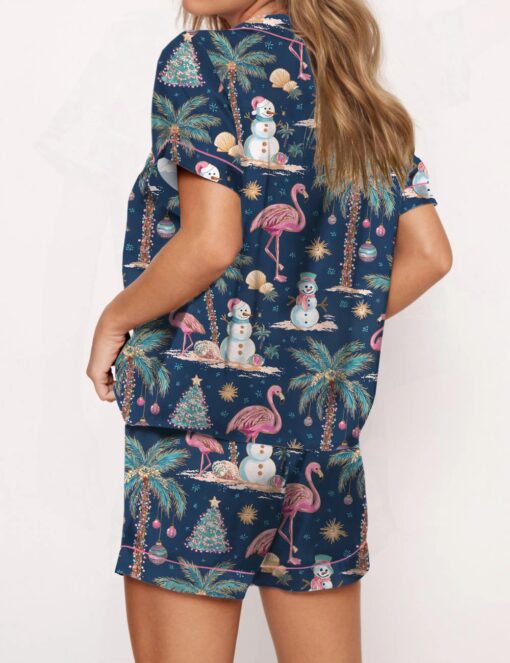 Flamingo Christmas Silky Satin Pajama Set For Women - Image 2