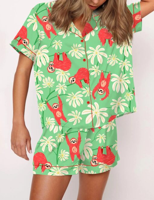 Sloth Floral Silky Satin Pajama Set For Women - Image 2