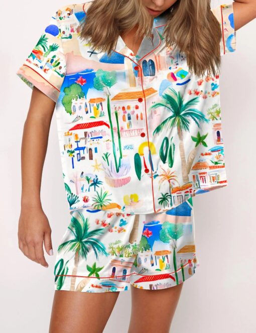 Italian Mediterranean Beach Silky Satin Pajama Set For Women - Image 3