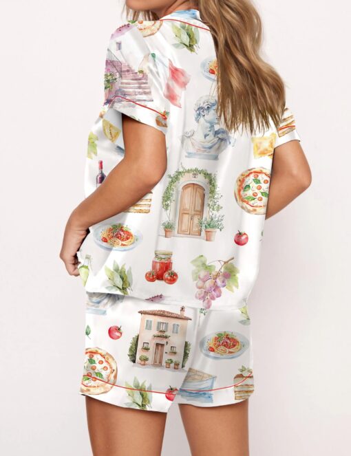 Italy Watercolour Travel Silky Satin Pajama Set For Women - Image 4