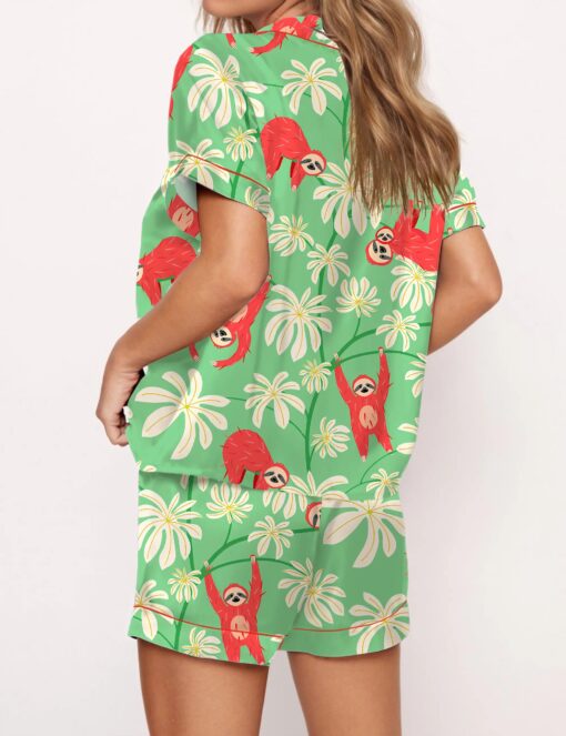Sloth Floral Silky Satin Pajama Set For Women - Image 3