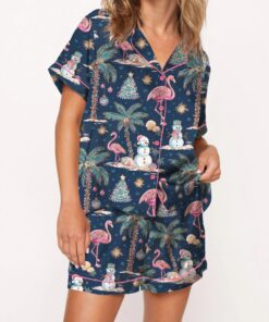 Flamingo Christmas Silky Satin Pajama Set For Women