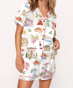Italy Watercolour Travel Silky Satin Pajama Set For Women