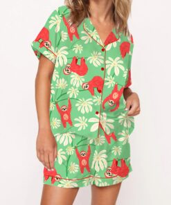 Sloth Floral Silky Satin Pajama Set For Women