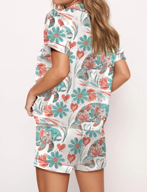 Boho Floral Manatee Silky Satin Pajama Set For Women - Image 4