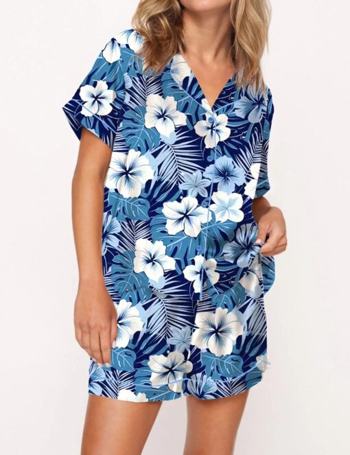 Hawaiian Floral Silky Satin Pajama Set For Women
