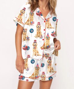4th Of July Patriotic Golden Retriever Silky Satin Pajama Set For Women