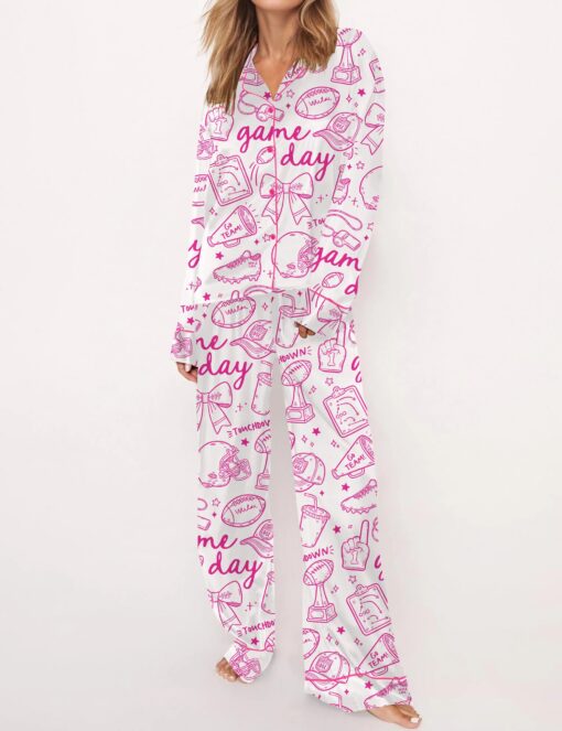Football Doodles Game Day Silky Satin Pajama Set For Women - Image 3