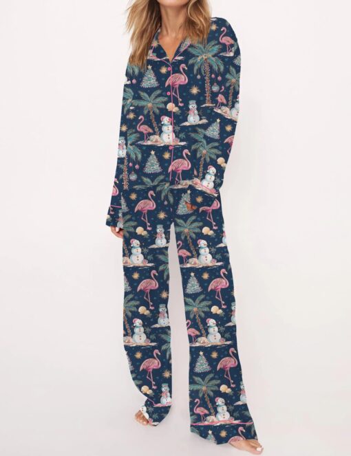 Flamingo Christmas Silky Satin Pajama Set For Women - Image 4