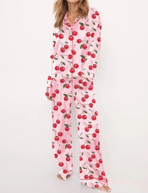 Cherries Silky Satin Pajama Set For Women - Image 3