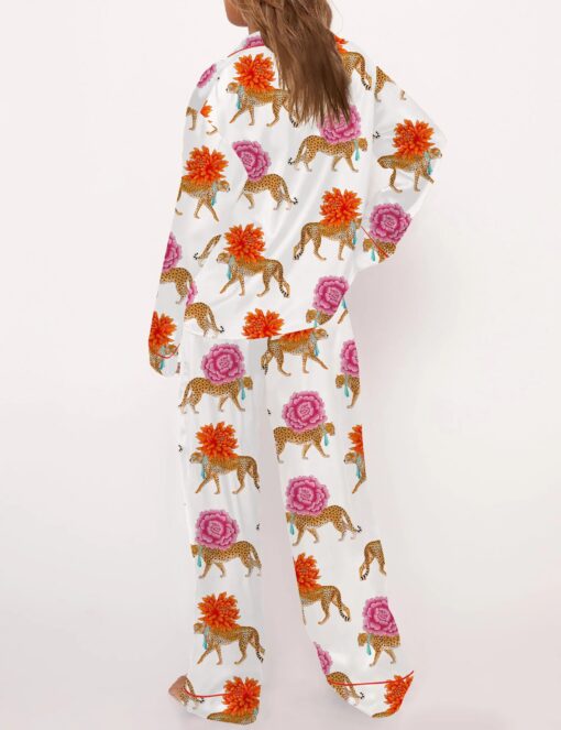 Chinoiserie Cheetah Silky Satin Pajama Set For Women - Image 4