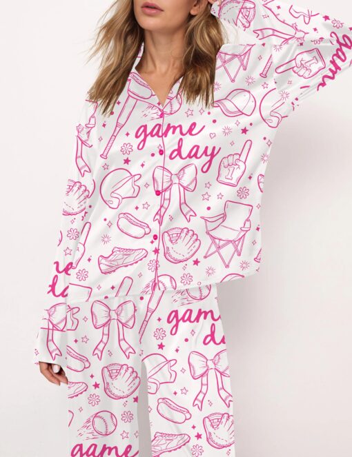 Baseball Game Day Silky Satin Pajama Set For Women