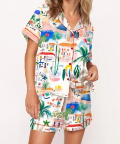 Italian Mediterranean Beach Silky Satin Pajama Set For Women