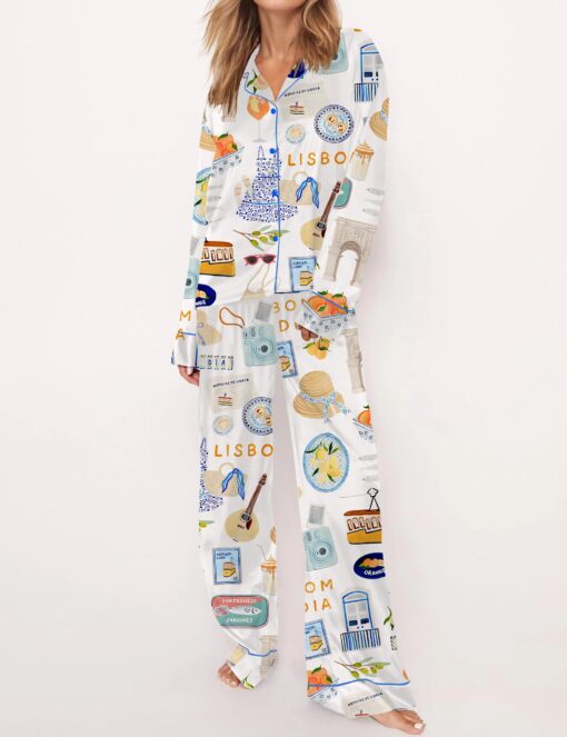Lisbon Portugal Travel Silky Satin Pajama Set For Women - Image 3
