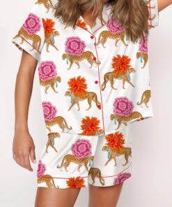 Chinoiserie Cheetah Silky Satin Pajama Set For Women