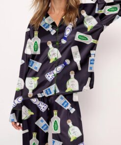 Tequila Bottle Satin Pajama Set For Women - Without Chest Pocket With Bottom Pockets