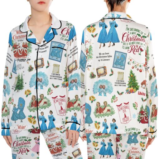 White Christmas Satin Pajamas Set For Women - Image 7