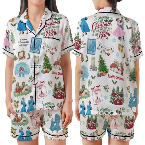 White Christmas Satin Pajamas Set For Women