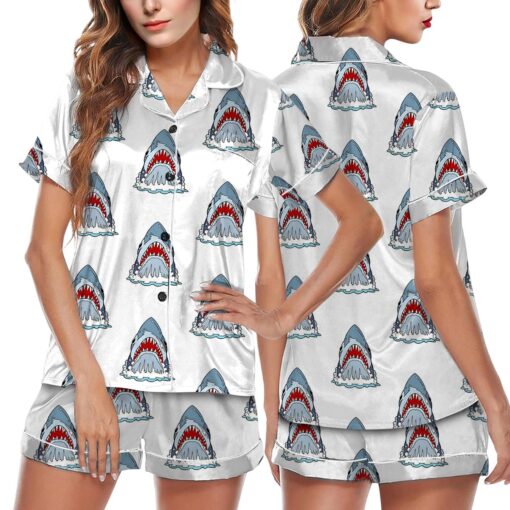 Jaws Silky Satin Pajama Set For Women, Funny Shark & Boat Print Sleepwear