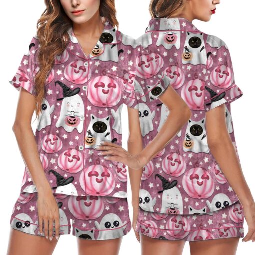 Halloween Pumpkin Satin Pajama Set, Cute Halloween Pumpkin Face PJs