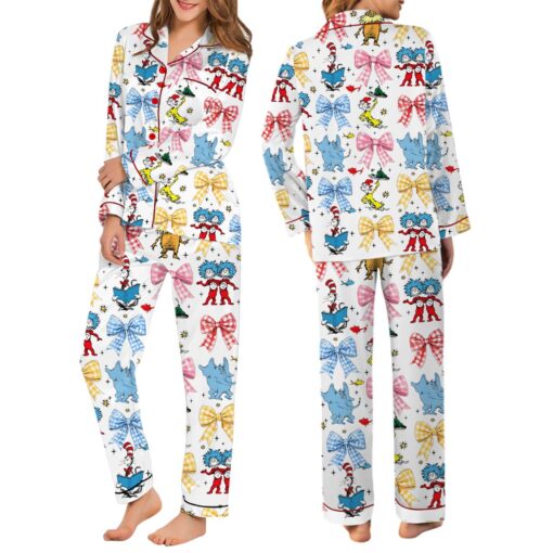 Coquette Cartoon Reading Satin Pajama Set For Women - Image 6