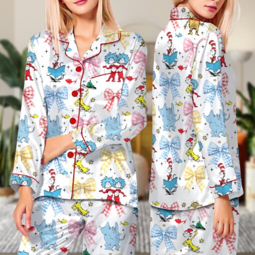 Coquette Cartoon Reading Satin Pajama Set For Women - Image 5