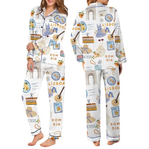 Lisbon Portugal Travel Satin Pajama Set, Print Sleepwear & Loungewear PJs - Image 6