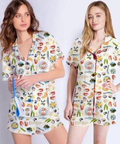 Women's Summer Satin Pajamas Set, Cartoon Food Print Lapel Button Short Satin Pajama Set