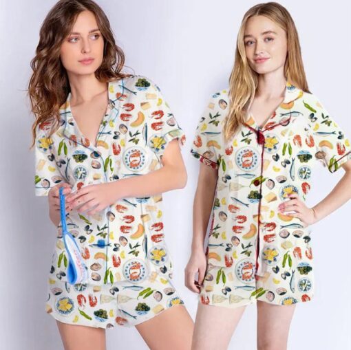 Women's Summer Satin Pajamas Set, Cartoon Food Print Lapel Button Short Satin Pajama Set