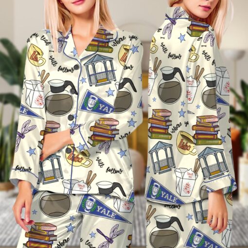 Stars Hollow Satin Pajama Set, Print Sleepwear & Loungewear PJs - Image 5