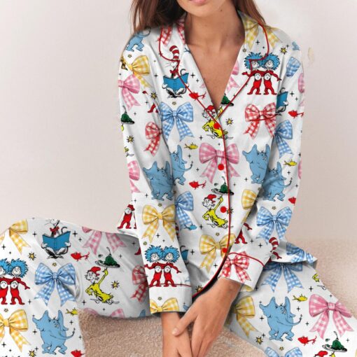 Coquette Cartoon Reading Satin Pajama Set For Women - Image 7