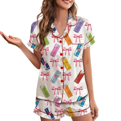 Alani Nu Energy Drink Coquette Bow Satin Pajama Set