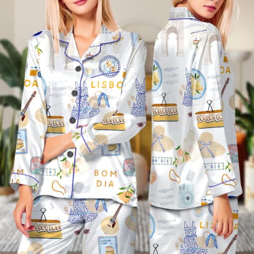 Lisbon Portugal Travel Satin Pajama Set, Print Sleepwear & Loungewear PJs - Image 5