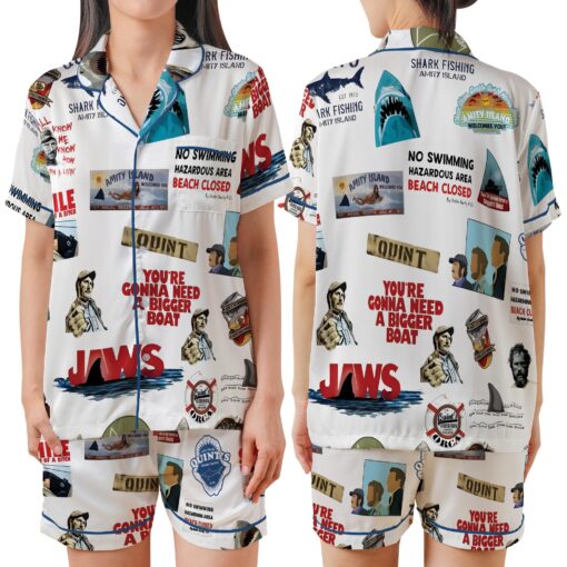 Jaws Shark Movie Retro Satin Pajamas Set, Vintage Summer Horror Pajamas