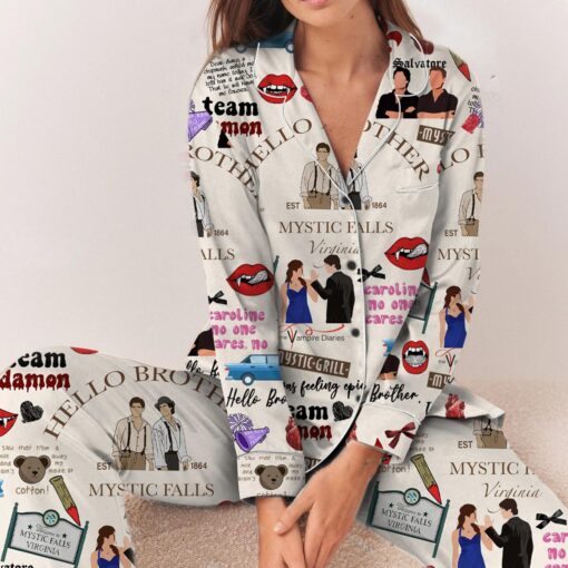 Vampire Diaries Satin Pajamas Set, Hello Brother Holiday Pajamas - Image 6
