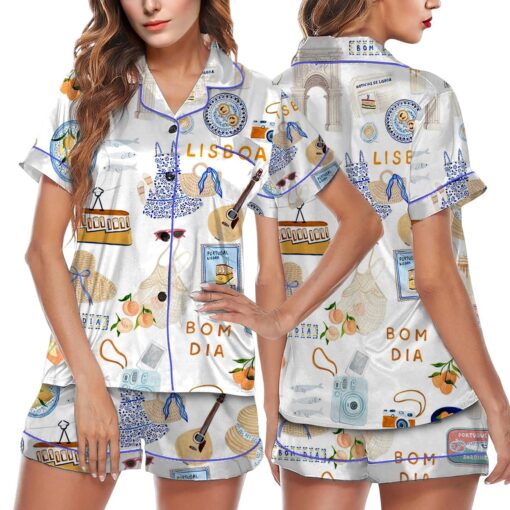 Lisbon Portugal Travel Satin Pajama Set, Print Sleepwear & Loungewear PJs