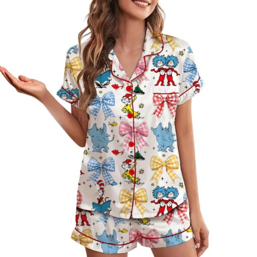 Coquette Cartoon Reading Satin Pajama Set For Women - Image 2