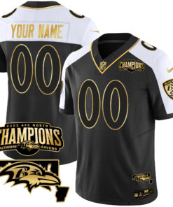 Baltimore Ravens 2023 AFC North Champions & Maryland Patch Gold Vapor Custom Jersey - All Stitched
