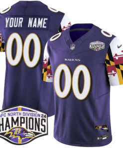 Baltimore Ravens Maryland Flag 2024 AFC North Division Champions Patch Vapor Limited Custom Jersey - All Stitched
